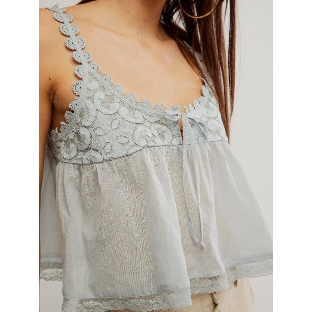 Free People Sheer Lace Trim Cami in Light Gray